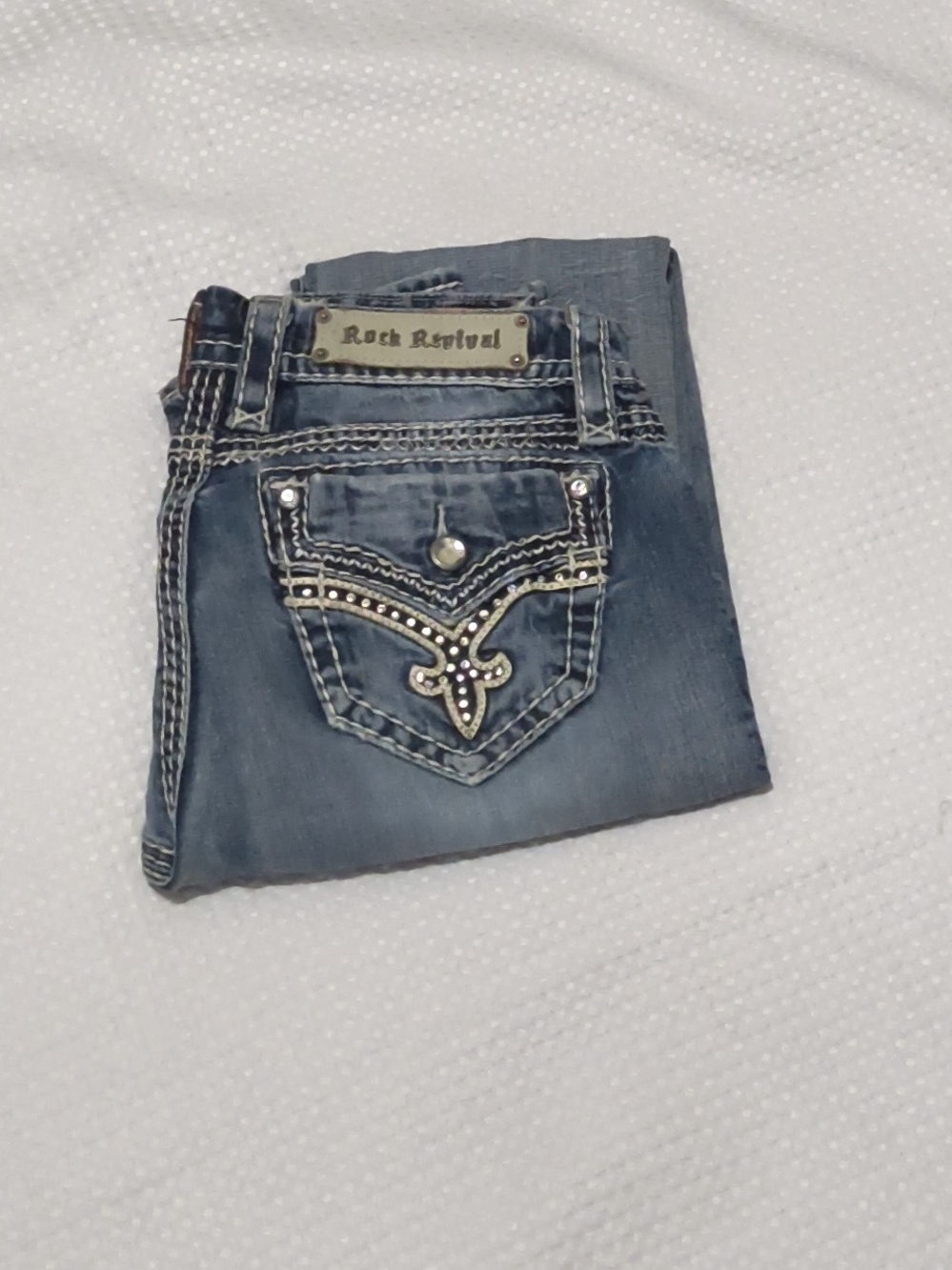 Rock Revival Women's Faded Blue Bootcut Jeans with Rhinestone Pocket